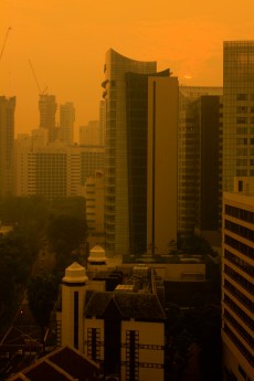 Singapore's sunrise, seen through the pollution haze.