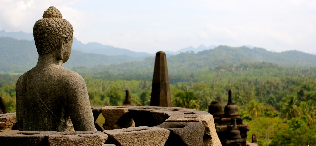 A Buddha looking out from Borobudur temple.
