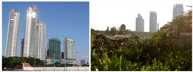 Beyond the white wall that surrounds a fancy mall in Jakarta lies a very poor neighborhood. 