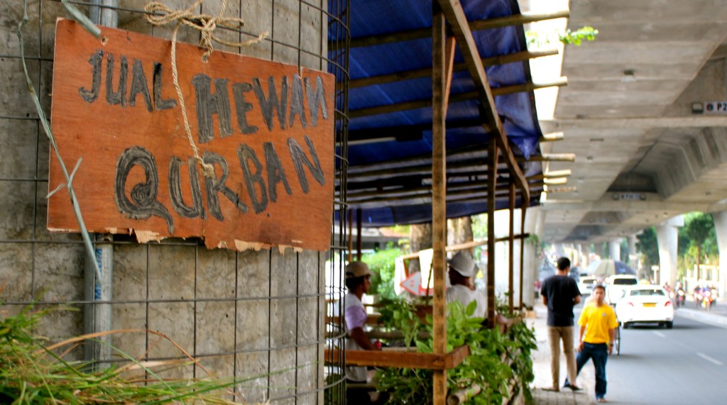 Signs like this one advertized "sacrifice animals for sale" around Jakarta. 