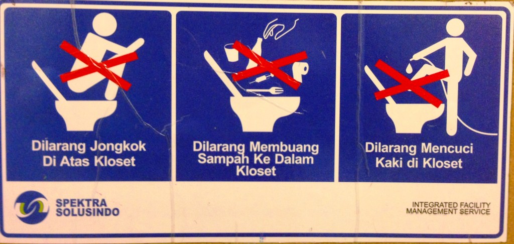 A sign in a public restroom reminds patrons not to wash their feet in the toillet