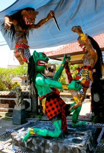 This ogoh-ogoh was set aflame on the eve of Nyepi, March 30, near Pemuteran, Bali.